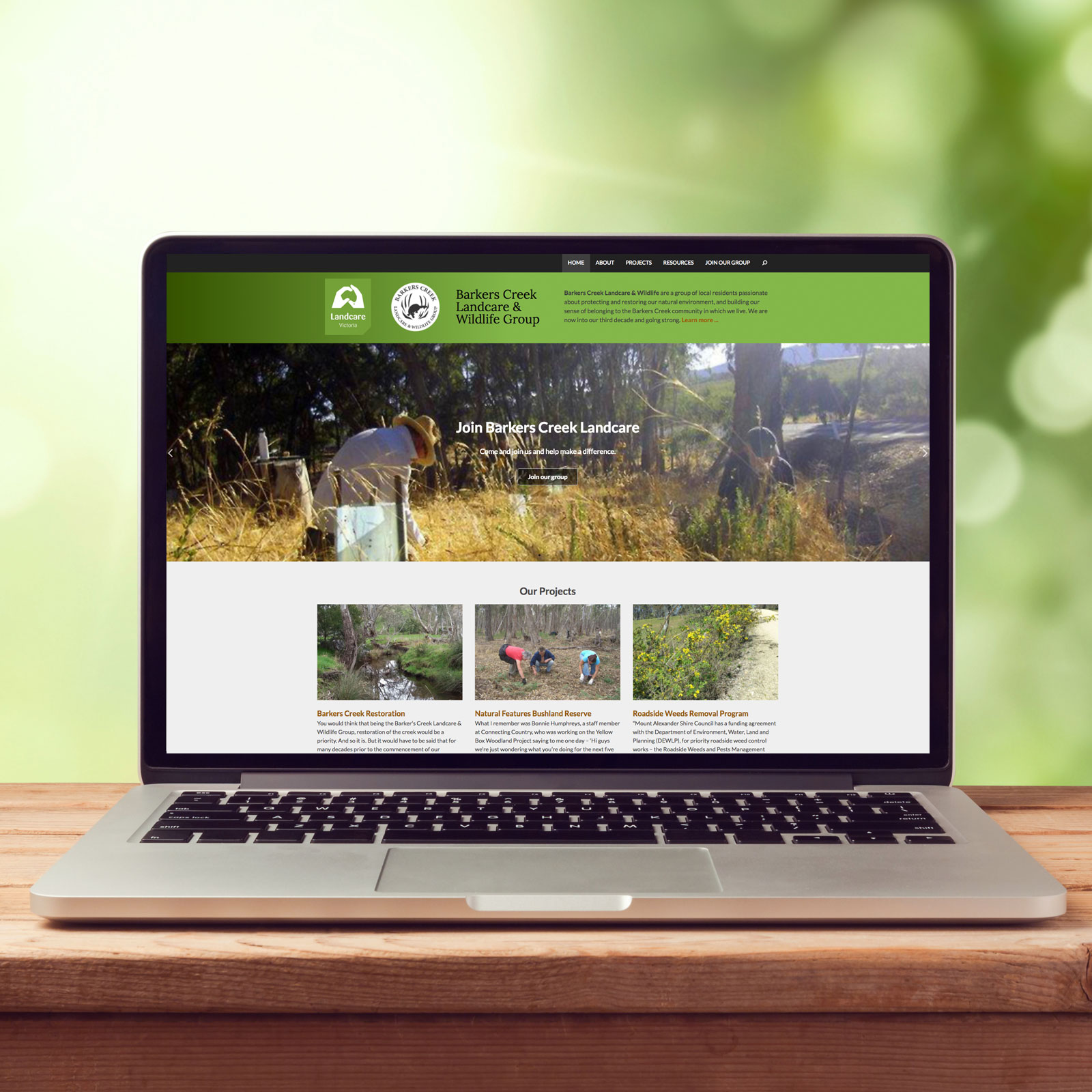Barkers Creek Landcare website on a laptop